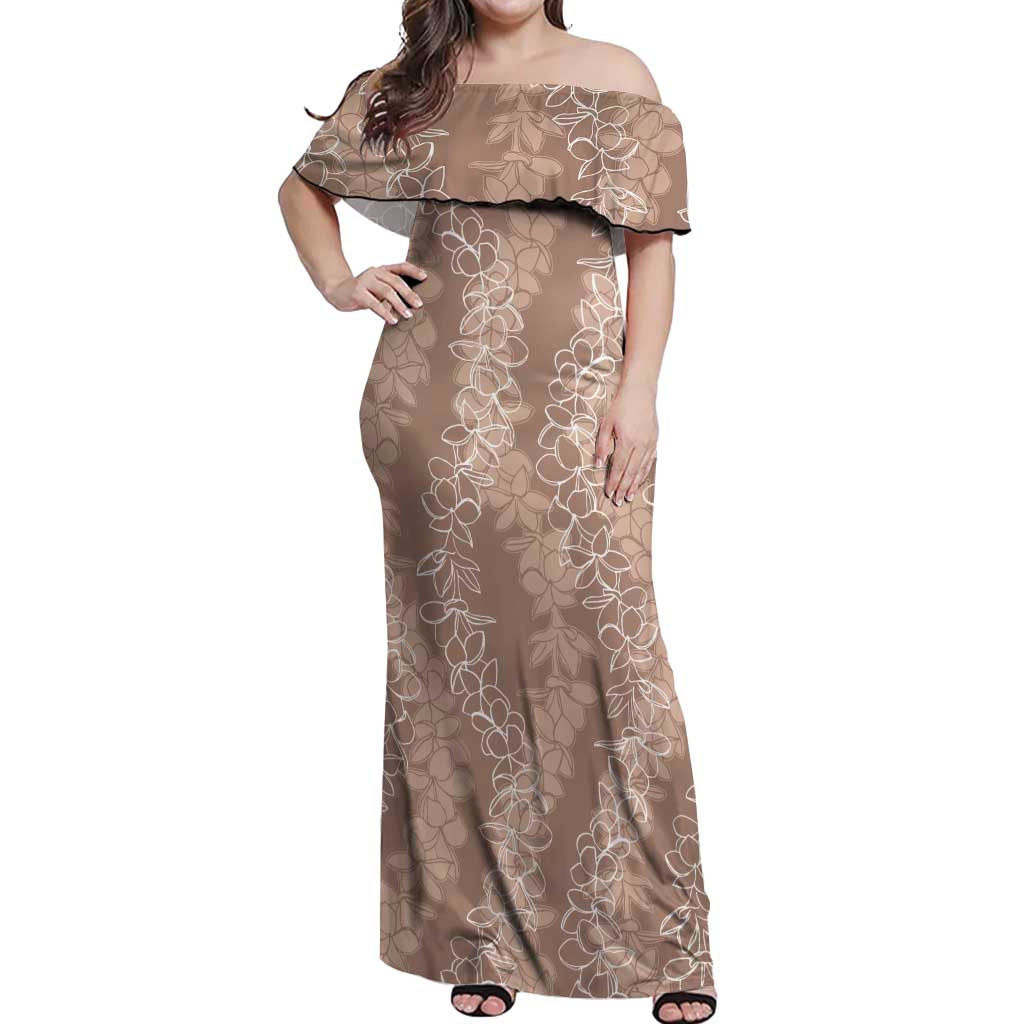 Hawaii Plumeria Lei Off Shoulder Maxi Dress Aloha Festive Vibe - Beige