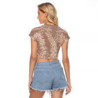 Hawaii Plumeria Lei Raglan Cropped T Shirt Aloha Festive Vibe - Beige