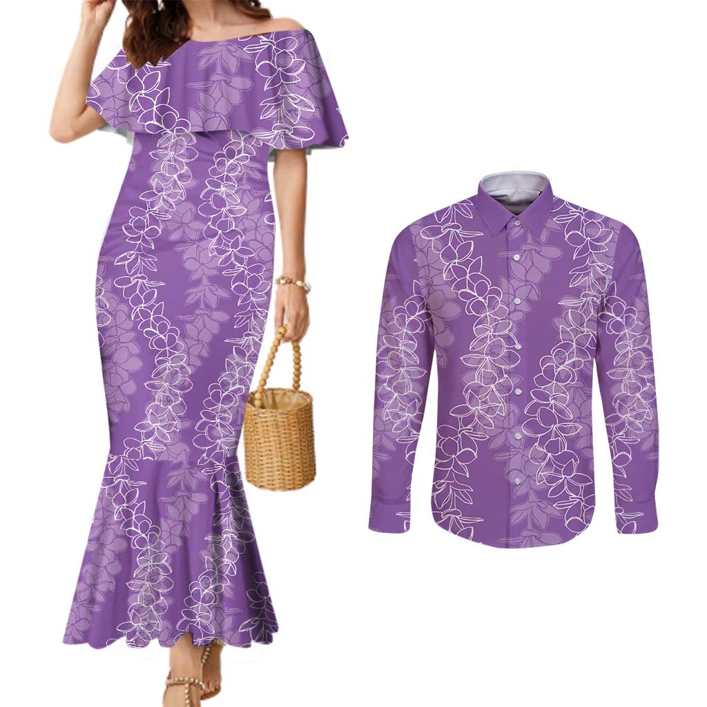 Hawaii Plumeria Lei Couples Matching Mermaid Dress and Long Sleeve Button Shirt Aloha Festive Vibe - Violet