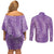 Hawaii Plumeria Lei Couples Matching Off Shoulder Short Dress and Long Sleeve Button Shirt Aloha Festive Vibe - Violet
