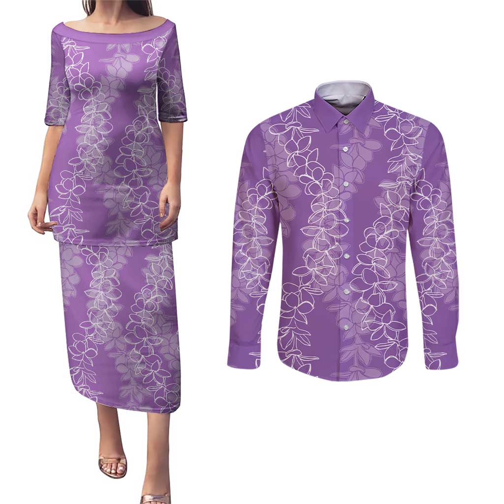 Hawaii Plumeria Lei Couples Matching Puletasi and Long Sleeve Button Shirt Aloha Festive Vibe - Violet