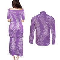 Hawaii Plumeria Lei Couples Matching Puletasi and Long Sleeve Button Shirt Aloha Festive Vibe - Violet