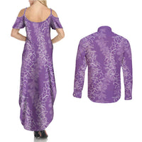 Hawaii Plumeria Lei Couples Matching Summer Maxi Dress and Long Sleeve Button Shirt Aloha Festive Vibe - Violet