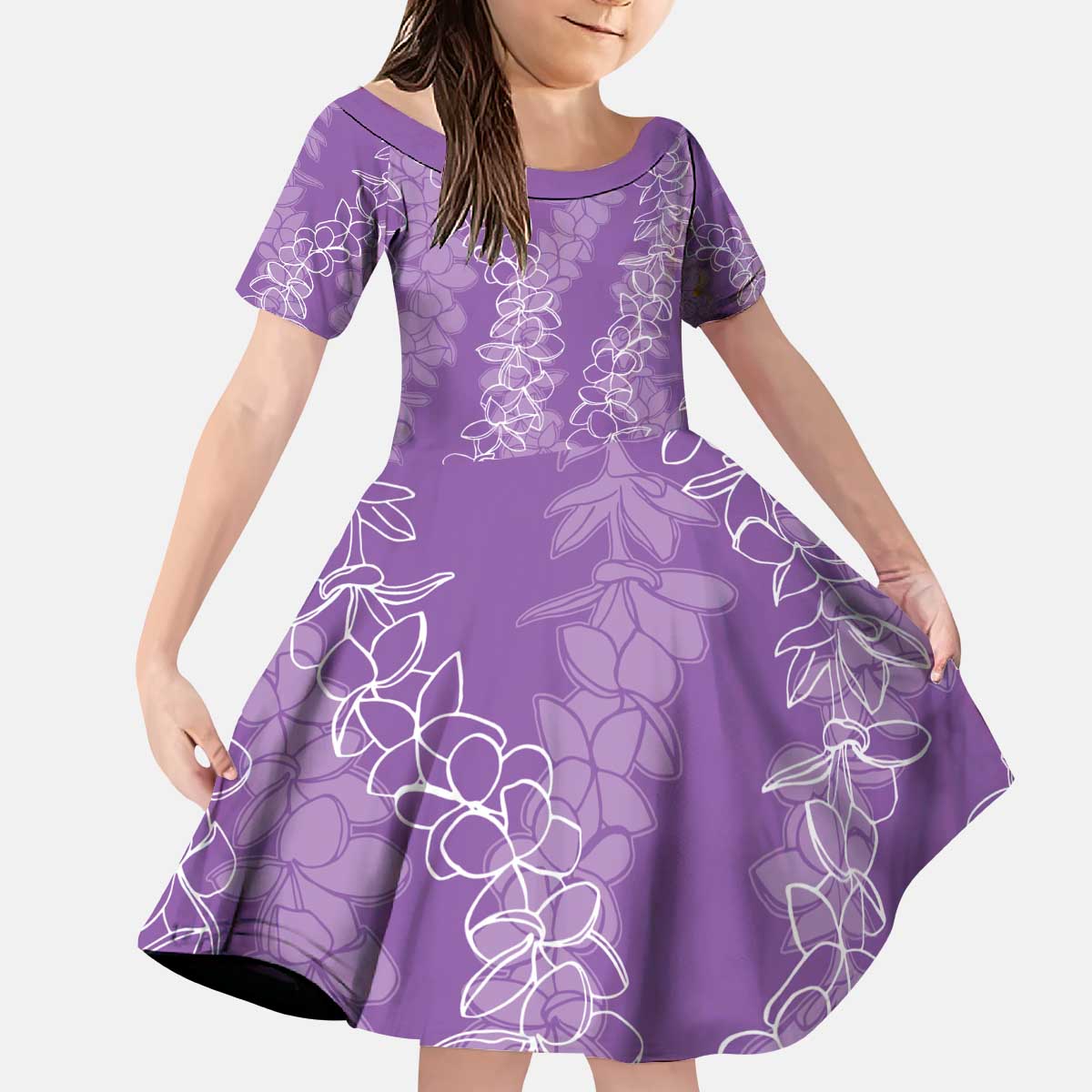 Hawaii Plumeria Lei Kid Short Sleeve Dress Aloha Festive Vibe - Violet