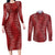 Hawaii Plumeria Lei Couples Matching Long Sleeve Bodycon Dress and Long Sleeve Button Shirt Aloha Festive Vibe - Crimson