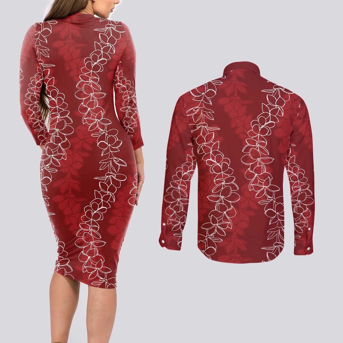 Hawaii Plumeria Lei Couples Matching Long Sleeve Bodycon Dress and Long Sleeve Button Shirt Aloha Festive Vibe - Crimson