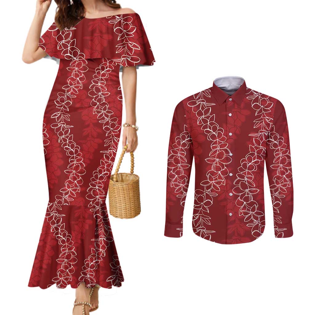 Hawaii Plumeria Lei Couples Matching Mermaid Dress and Long Sleeve Button Shirt Aloha Festive Vibe - Crimson