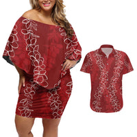 Hawaii Plumeria Lei Couples Matching Off Shoulder Short Dress and Hawaiian Shirt Aloha Festive Vibe - Crimson