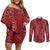 Hawaii Plumeria Lei Couples Matching Off Shoulder Short Dress and Long Sleeve Button Shirt Aloha Festive Vibe - Crimson