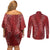 Hawaii Plumeria Lei Couples Matching Off Shoulder Short Dress and Long Sleeve Button Shirt Aloha Festive Vibe - Crimson