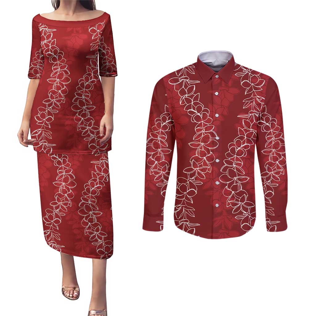 Hawaii Plumeria Lei Couples Matching Puletasi and Long Sleeve Button Shirt Aloha Festive Vibe - Crimson