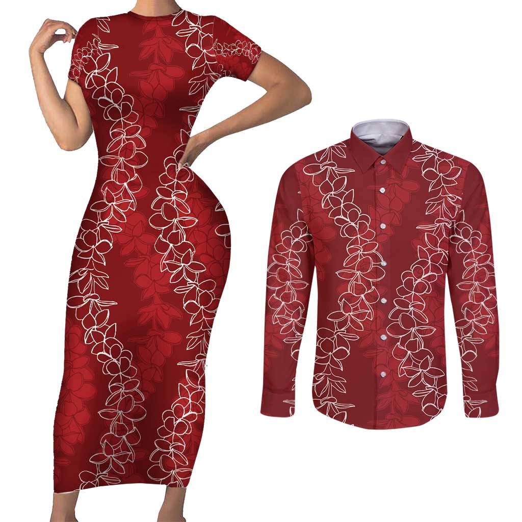 Hawaii Plumeria Lei Couples Matching Short Sleeve Bodycon Dress and Long Sleeve Button Shirt Aloha Festive Vibe - Crimson