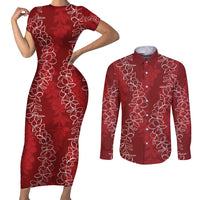 Hawaii Plumeria Lei Couples Matching Short Sleeve Bodycon Dress and Long Sleeve Button Shirt Aloha Festive Vibe - Crimson