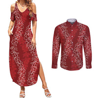 Hawaii Plumeria Lei Couples Matching Summer Maxi Dress and Long Sleeve Button Shirt Aloha Festive Vibe - Crimson
