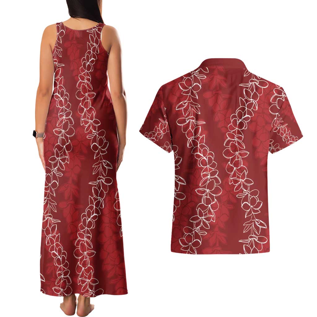 Hawaii Plumeria Lei Couples Matching Tank Maxi Dress and Hawaiian Shirt Aloha Festive Vibe - Crimson