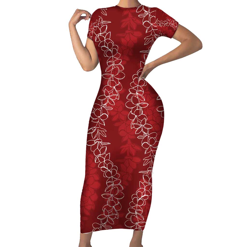 Hawaii Plumeria Lei Family Matching Short Sleeve Bodycon Dress and Hawaiian Shirt Aloha Festive Vibe - Crimson