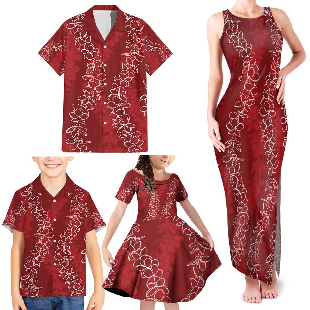 Hawaii Plumeria Lei Family Matching Tank Maxi Dress and Hawaiian Shirt Aloha Festive Vibe - Crimson