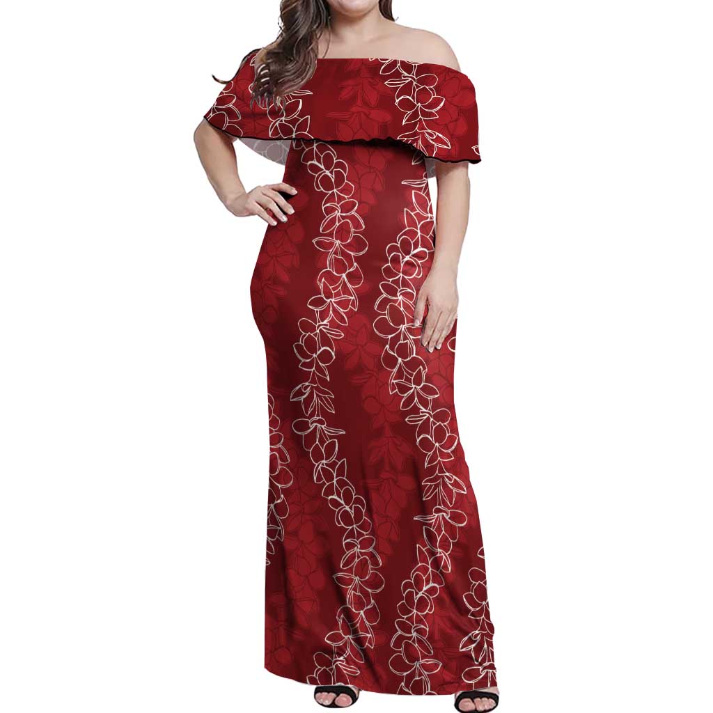 Hawaii Plumeria Lei Off Shoulder Maxi Dress Aloha Festive Vibe - Crimson
