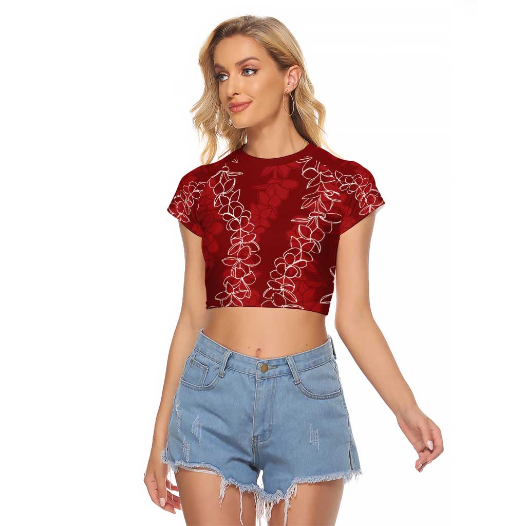 Hawaii Plumeria Lei Raglan Cropped T Shirt Aloha Festive Vibe - Crimson