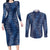 Hawaii Plumeria Lei Couples Matching Long Sleeve Bodycon Dress and Long Sleeve Button Shirt Aloha Festive Vibe - Navy Blue
