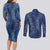 Hawaii Plumeria Lei Couples Matching Long Sleeve Bodycon Dress and Long Sleeve Button Shirt Aloha Festive Vibe - Navy Blue
