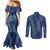 Hawaii Plumeria Lei Couples Matching Mermaid Dress and Long Sleeve Button Shirt Aloha Festive Vibe - Navy Blue