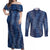 Hawaii Plumeria Lei Couples Matching Off Shoulder Maxi Dress and Long Sleeve Button Shirt Aloha Festive Vibe - Navy Blue