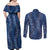 Hawaii Plumeria Lei Couples Matching Off Shoulder Maxi Dress and Long Sleeve Button Shirt Aloha Festive Vibe - Navy Blue