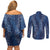 Hawaii Plumeria Lei Couples Matching Off Shoulder Short Dress and Long Sleeve Button Shirt Aloha Festive Vibe - Navy Blue