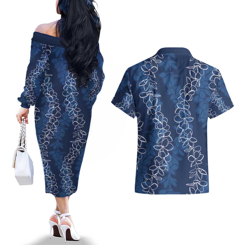Hawaii Plumeria Lei Couples Matching Off The Shoulder Long Sleeve Dress and Hawaiian Shirt Aloha Festive Vibe - Navy Blue