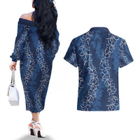 Hawaii Plumeria Lei Couples Matching Off The Shoulder Long Sleeve Dress and Hawaiian Shirt Aloha Festive Vibe - Navy Blue