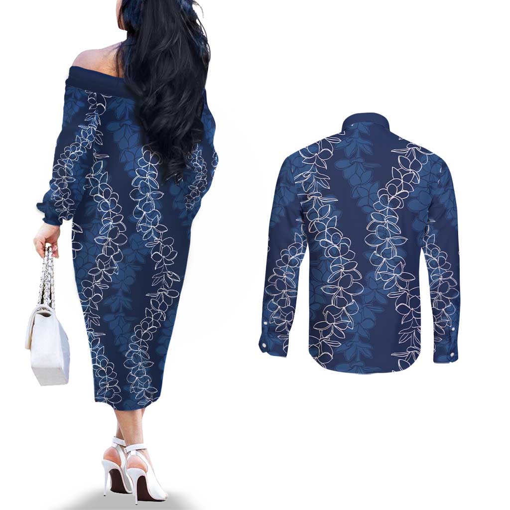 Hawaii Plumeria Lei Couples Matching Off The Shoulder Long Sleeve Dress and Long Sleeve Button Shirt Aloha Festive Vibe - Navy Blue