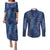 Hawaii Plumeria Lei Couples Matching Puletasi and Long Sleeve Button Shirt Aloha Festive Vibe - Navy Blue