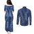 Hawaii Plumeria Lei Couples Matching Puletasi and Long Sleeve Button Shirt Aloha Festive Vibe - Navy Blue