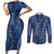 Hawaii Plumeria Lei Couples Matching Short Sleeve Bodycon Dress and Long Sleeve Button Shirt Aloha Festive Vibe - Navy Blue