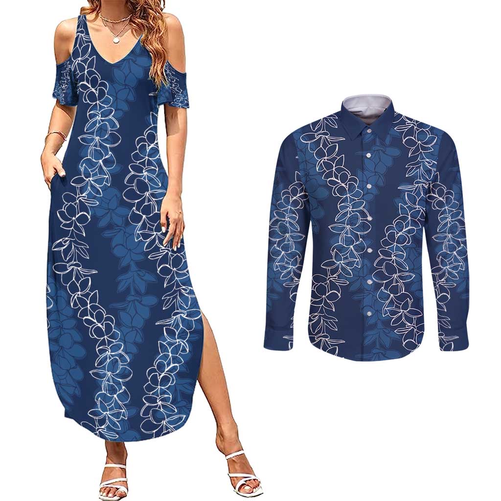 Hawaii Plumeria Lei Couples Matching Summer Maxi Dress and Long Sleeve Button Shirt Aloha Festive Vibe - Navy Blue