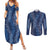 Hawaii Plumeria Lei Couples Matching Summer Maxi Dress and Long Sleeve Button Shirt Aloha Festive Vibe - Navy Blue