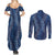Hawaii Plumeria Lei Couples Matching Summer Maxi Dress and Long Sleeve Button Shirt Aloha Festive Vibe - Navy Blue