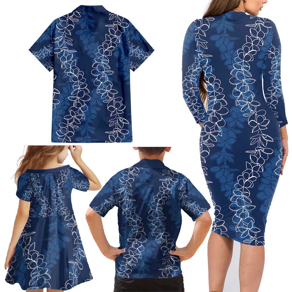 Hawaii Plumeria Lei Family Matching Long Sleeve Bodycon Dress and Hawaiian Shirt Aloha Festive Vibe - Navy Blue