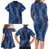 Hawaii Plumeria Lei Family Matching Long Sleeve Bodycon Dress and Hawaiian Shirt Aloha Festive Vibe - Navy Blue
