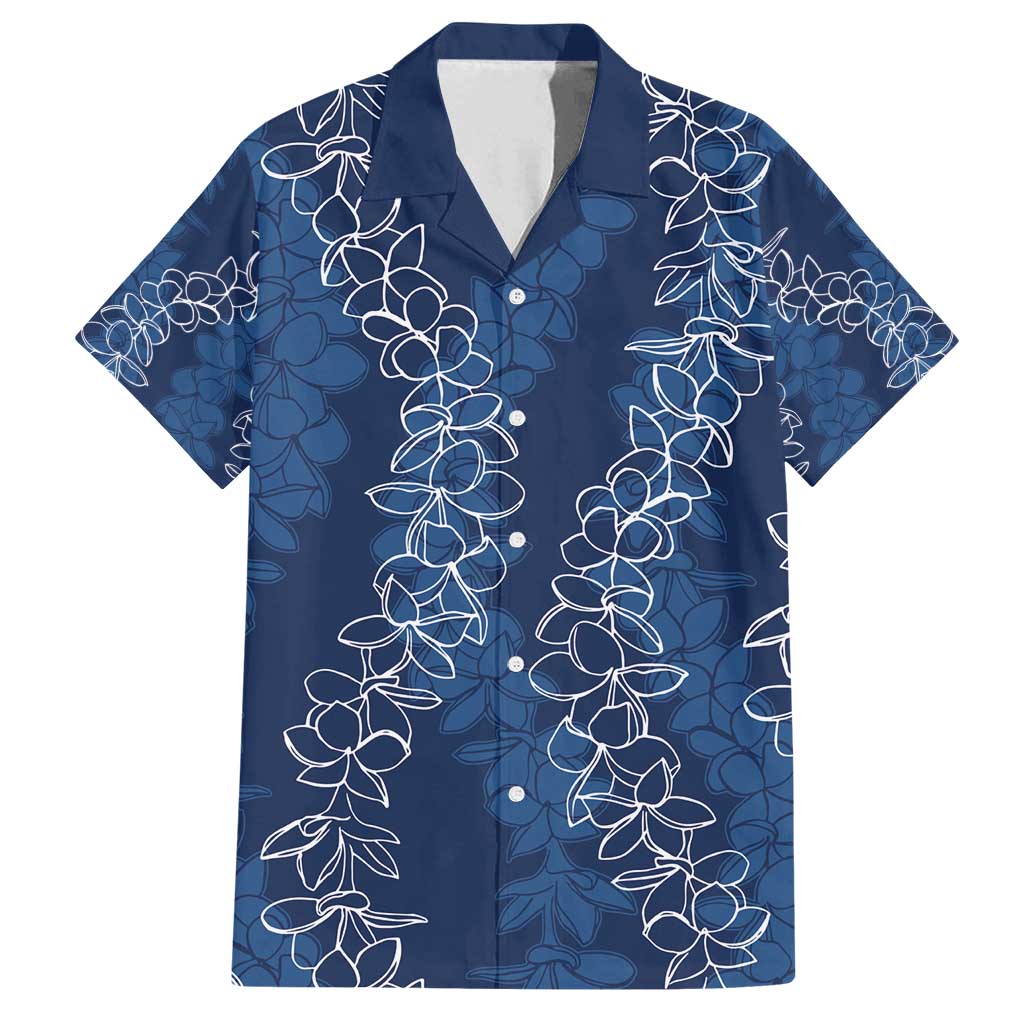 Hawaii Plumeria Lei Family Matching Long Sleeve Bodycon Dress and Hawaiian Shirt Aloha Festive Vibe - Navy Blue
