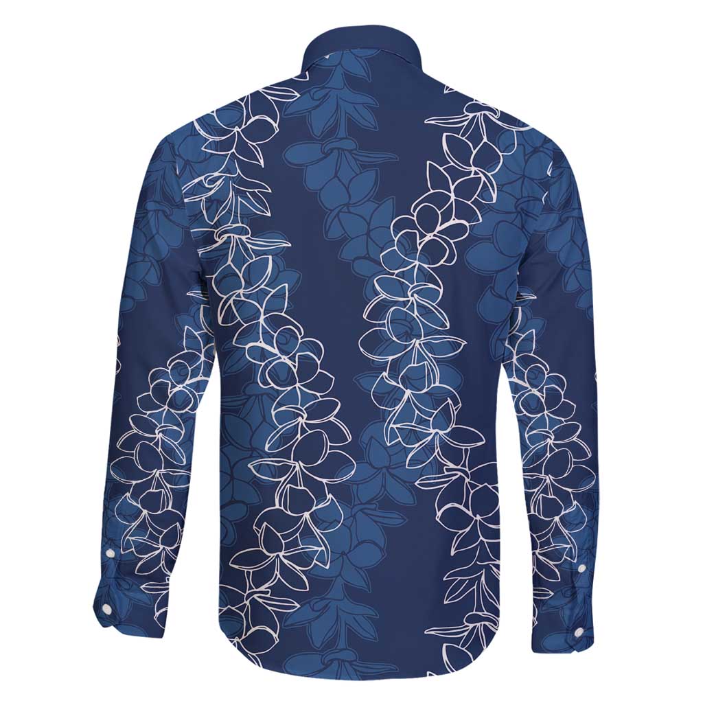Hawaii Plumeria Lei Family Matching Long Sleeve Bodycon Dress and Hawaiian Shirt Aloha Festive Vibe - Navy Blue