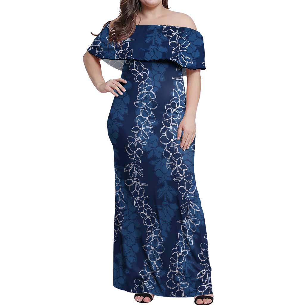 Hawaii Plumeria Lei Off Shoulder Maxi Dress Aloha Festive Vibe - Navy Blue LT7 Women Navy Blue - Polynesian Pride