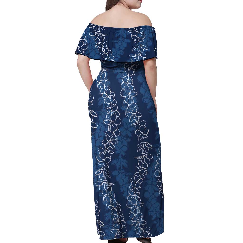 Hawaii Plumeria Lei Off Shoulder Maxi Dress Aloha Festive Vibe - Navy Blue LT7 - Polynesian Pride