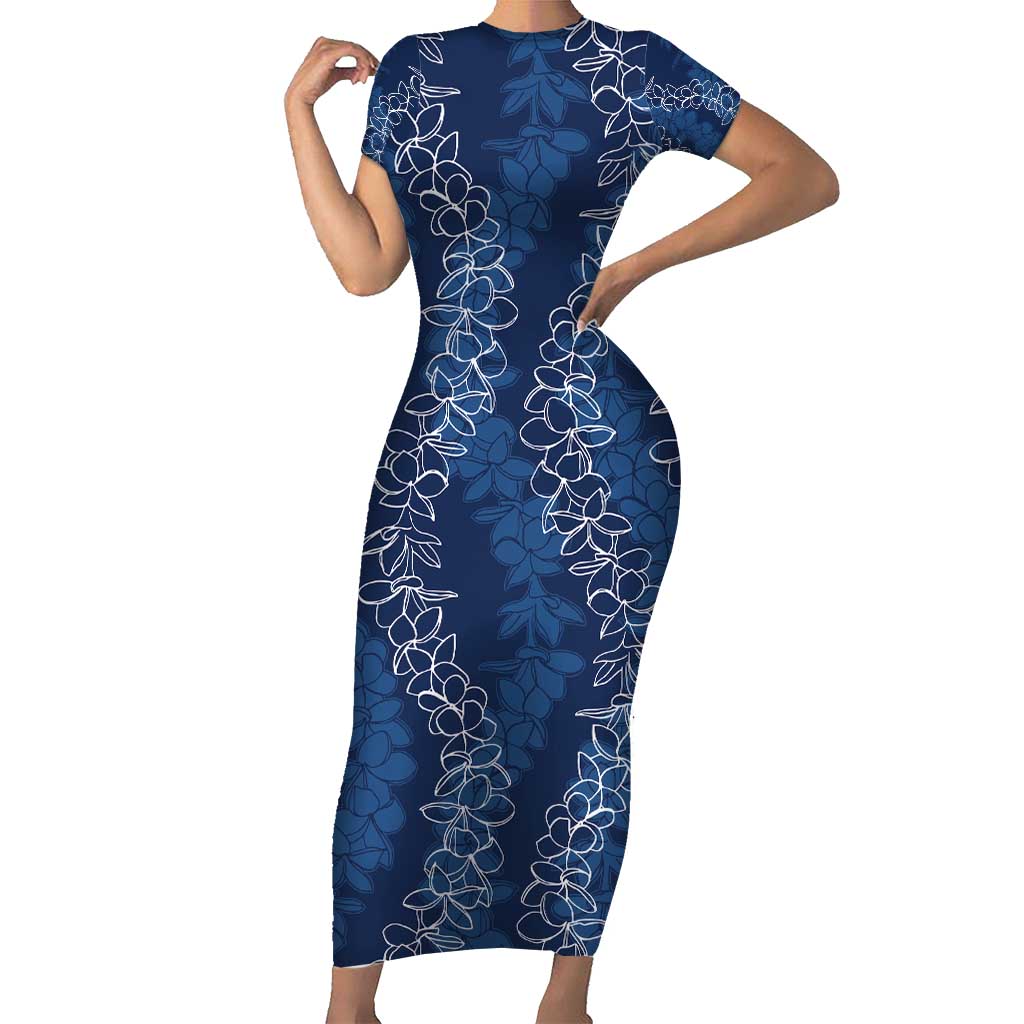 Hawaii Plumeria Lei Short Sleeve Bodycon Dress Aloha Festive Vibe - Navy Blue LT7 Long Dress Navy Blue - Polynesian Pride