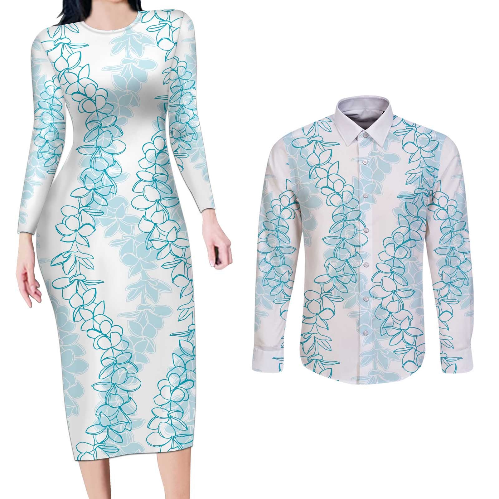 Hawaii Plumeria Lei Couples Matching Long Sleeve Bodycon Dress and Long Sleeve Button Shirt Aloha Festive Vibe - Turquoise