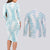 Hawaii Plumeria Lei Couples Matching Long Sleeve Bodycon Dress and Long Sleeve Button Shirt Aloha Festive Vibe - Turquoise