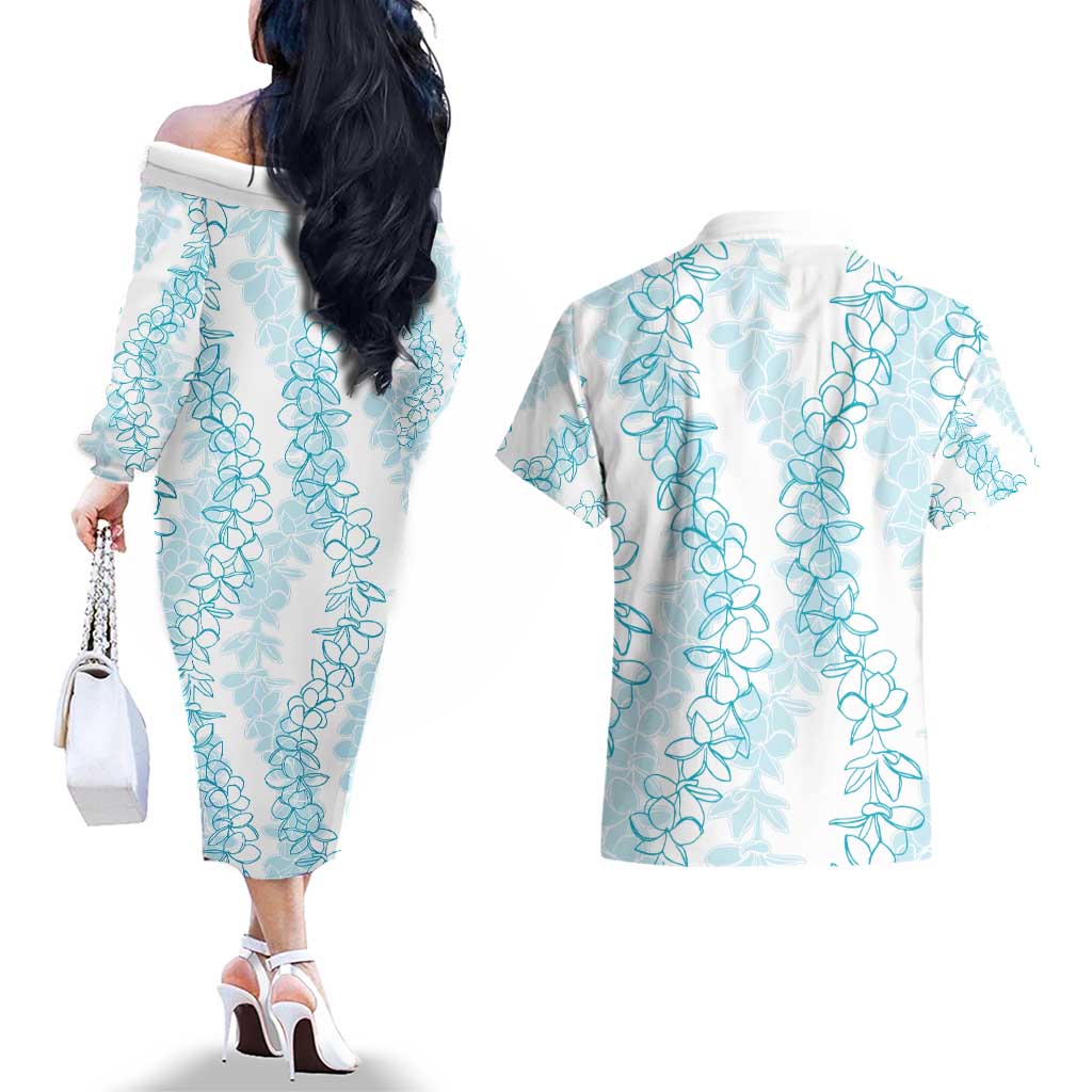 Hawaii Plumeria Lei Couples Matching Off The Shoulder Long Sleeve Dress and Hawaiian Shirt Aloha Festive Vibe - Turquoise