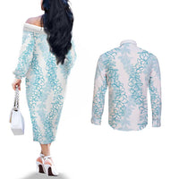Hawaii Plumeria Lei Couples Matching Off The Shoulder Long Sleeve Dress and Long Sleeve Button Shirt Aloha Festive Vibe - Turquoise