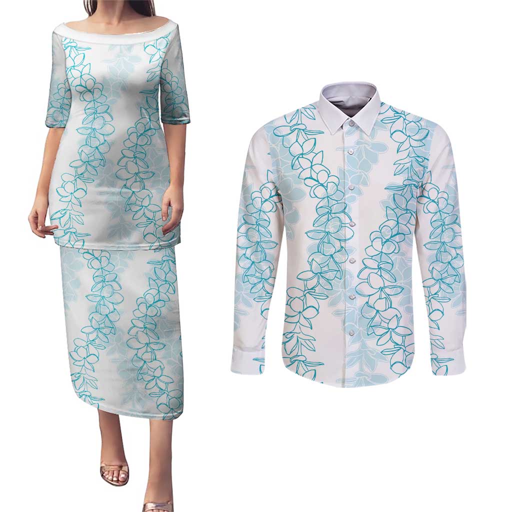 Hawaii Plumeria Lei Couples Matching Puletasi and Long Sleeve Button Shirt Aloha Festive Vibe - Turquoise